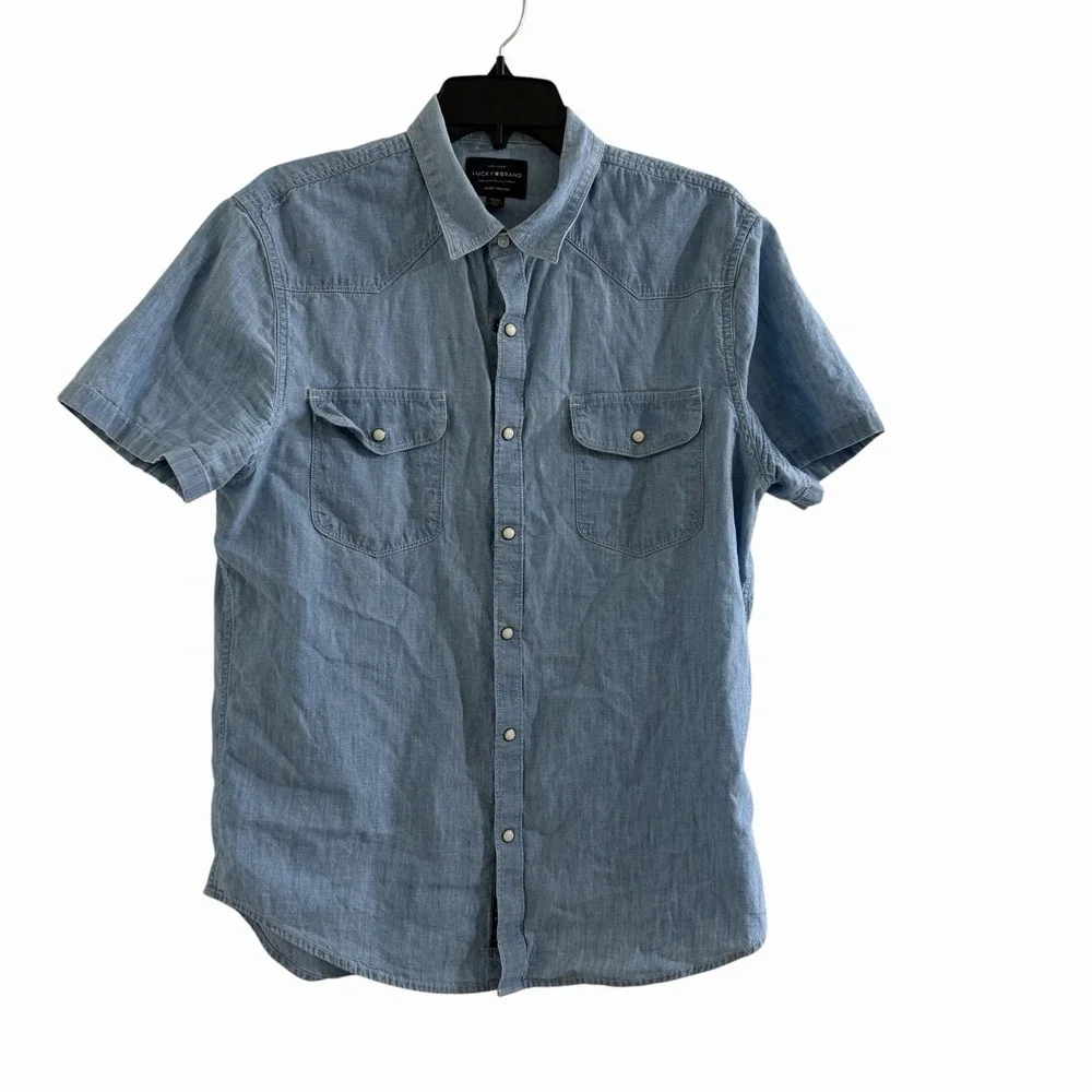Lucky Brand Western Snap Shirt Mens Medium Blue Chambray Linen Blend M - Picture 2 of 13